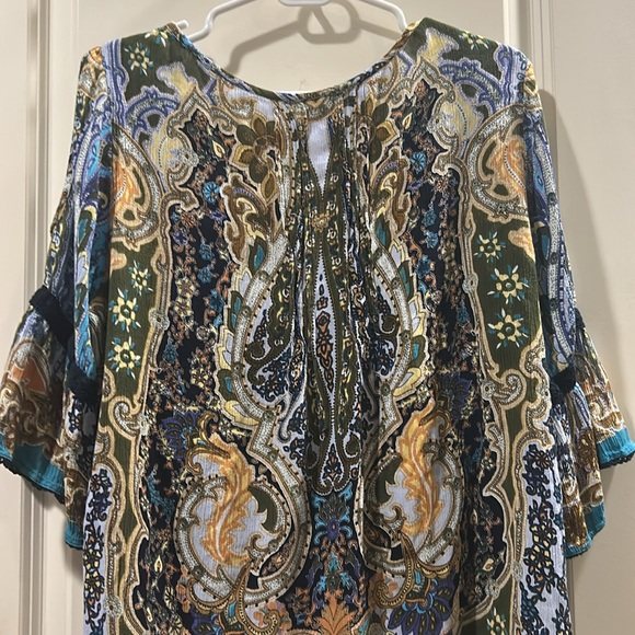 Bila Floral cold shoulder detail trim Top Blouse trumpet sleeves Boho Gauzy L - Picture 8 of 8